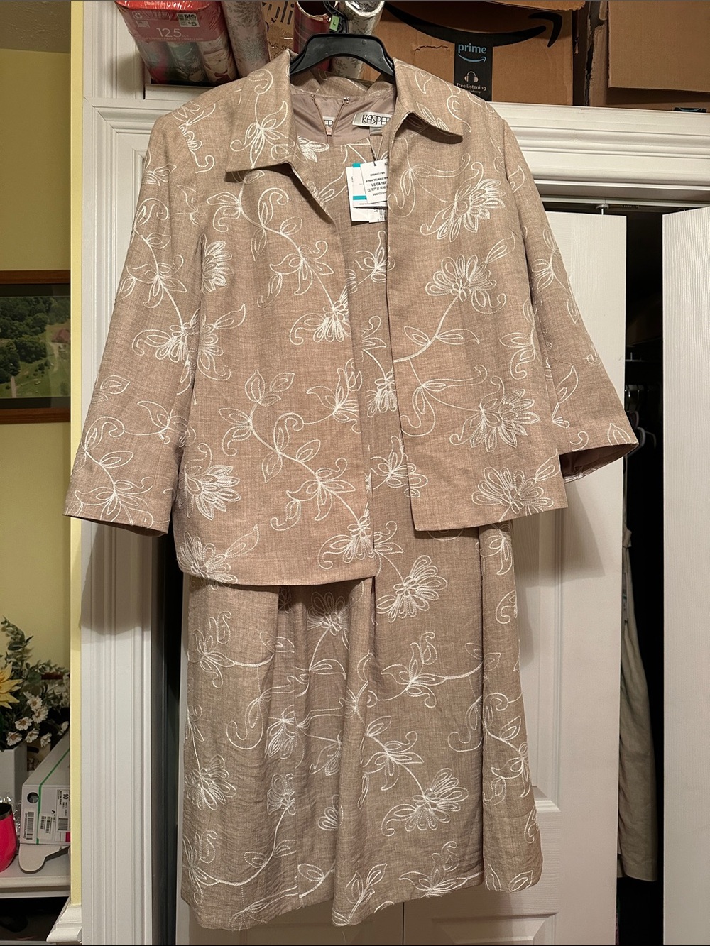 Kasper Beige Floral Embroidered Two-Piece Mini Dress Set